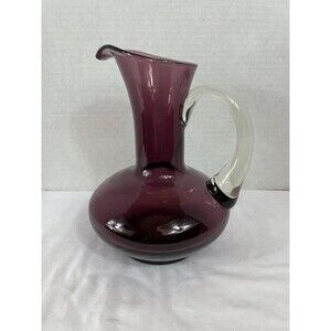 Vase Pitcher Amethyst Hand Blown Glass Pontil Purple Clear Handle 7.5" Tall MCM